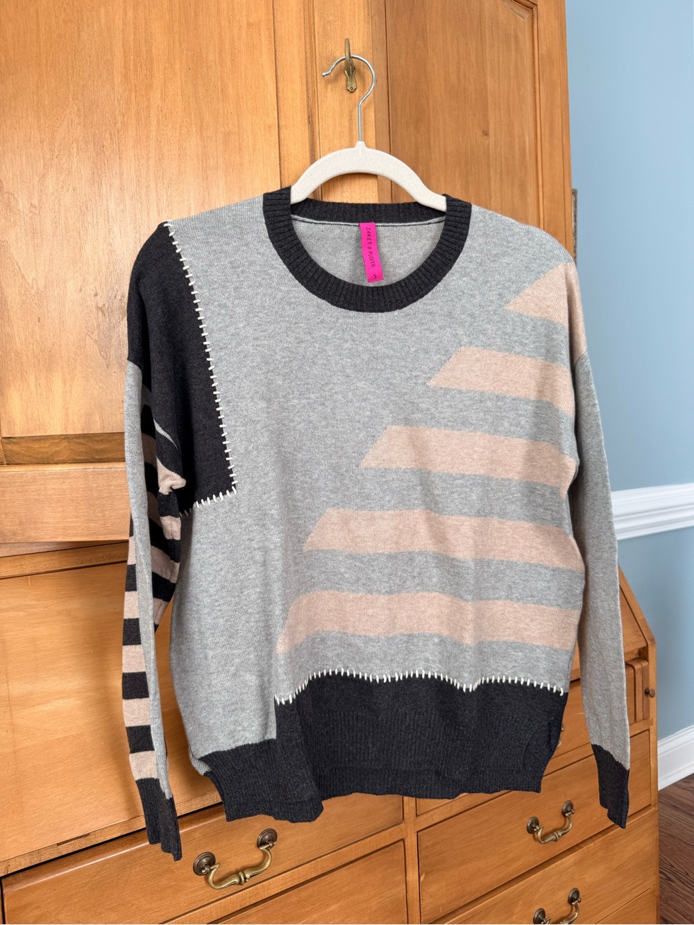 Zaket & Plover Gray Pink Colorblock Cotton Cashmere Sweater